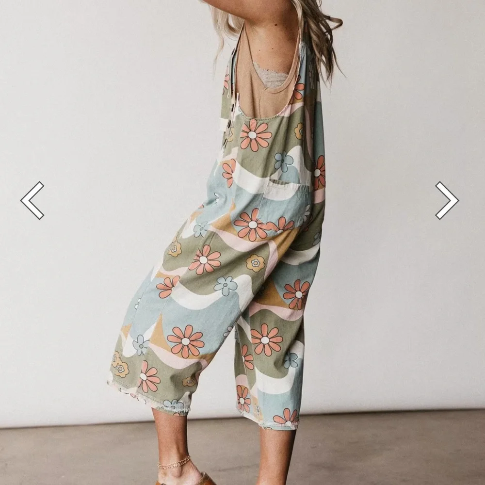 Three Bird Nest, Floral High Hopes Denim slouchy Overalls Jump S New Green - Picture 3 of 8